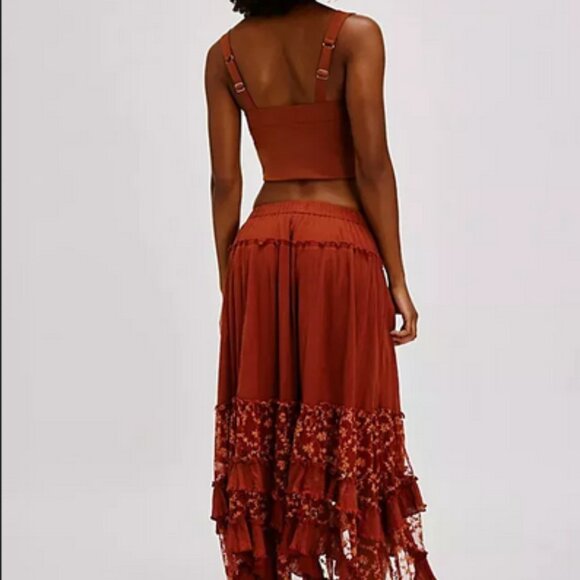 Free People Ashlyn Maxi Skirt Mid-Rise Tiered Ruffle Sheer Embroidered - Picture 2 of 3